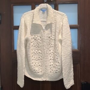 Cozy warm wool blend ivory collared zip cardigan sweater Cottagecore grandma L